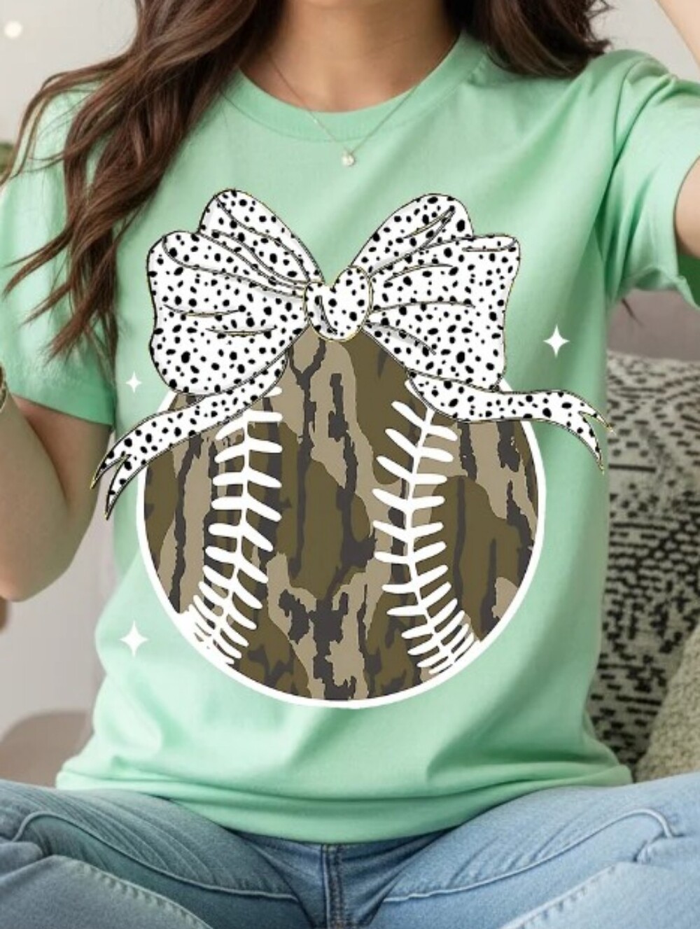 Gildan Mint Green Tee with Camo Baseball Graphic and Polka Dot Bow